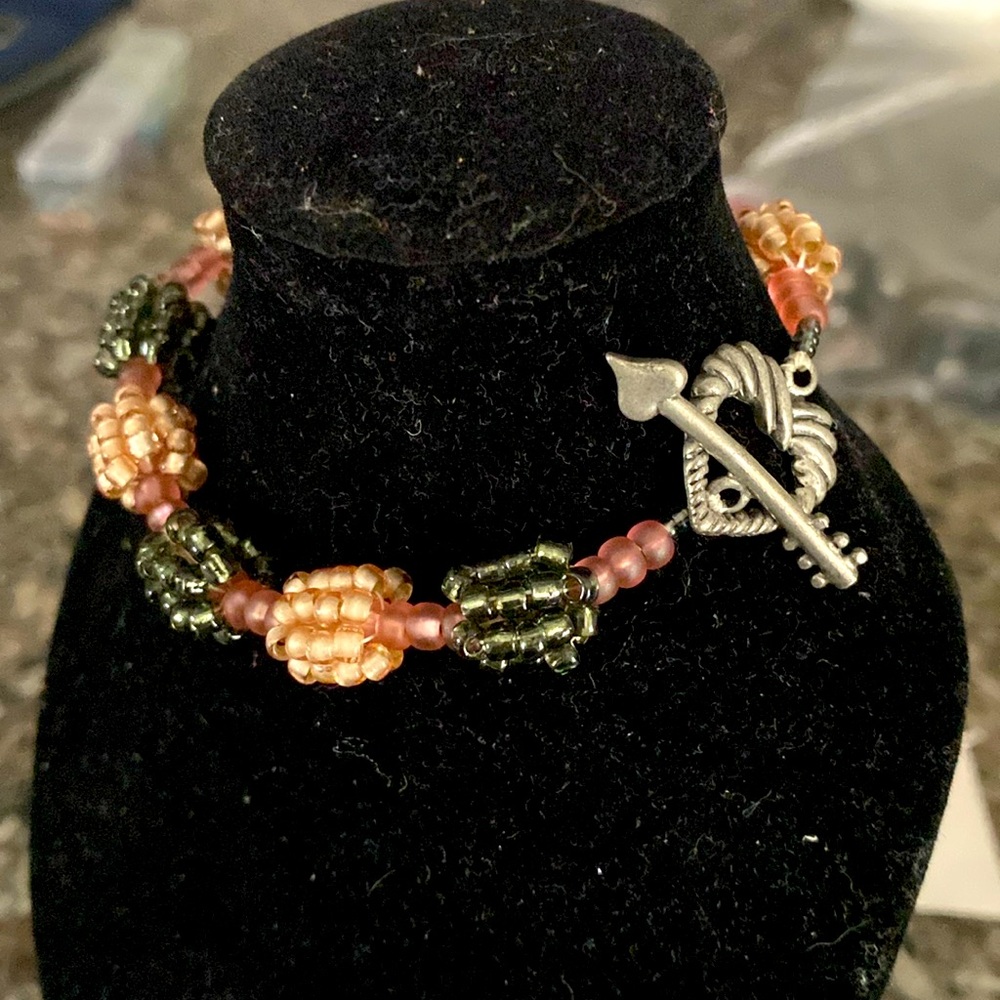 Peach and charcoal Beaded Bracelet with heart closure